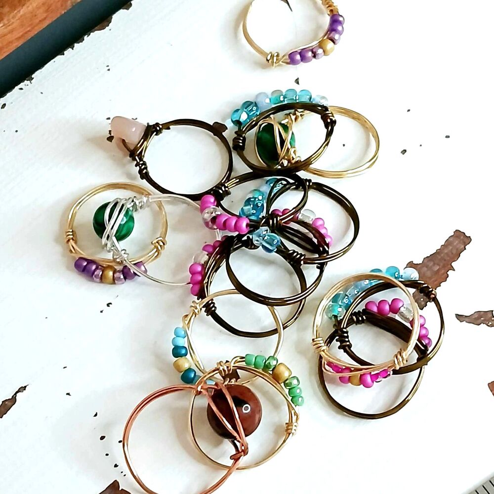 16 Piece Wire Wrapped Rings, Handmade Rings, Beaded Rings, Assorted - Picture 1 of 3